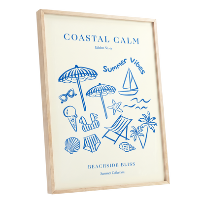Coastal Daydream, blue, beige, white nature wall art shown as a oak framed poster wall art print