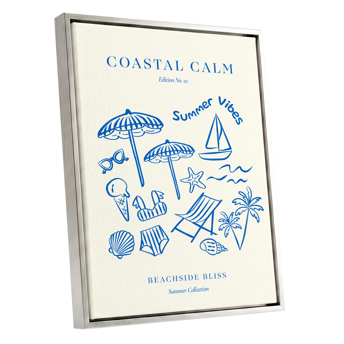 Coastal Daydream, blue, beige, white nature wall art shown as a silver framed canvas wall art