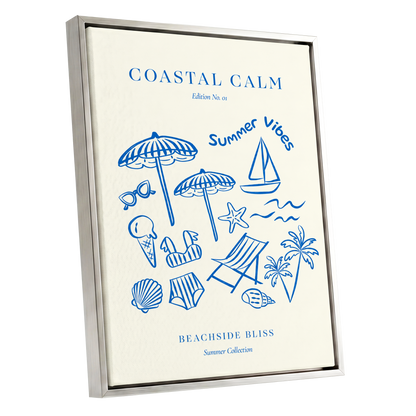 Coastal Daydream, blue, beige, white nature wall art shown as a silver framed canvas wall art