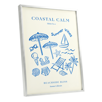 Coastal Daydream, blue, beige, white nature wall art shown as a silver framed poster wall art print
