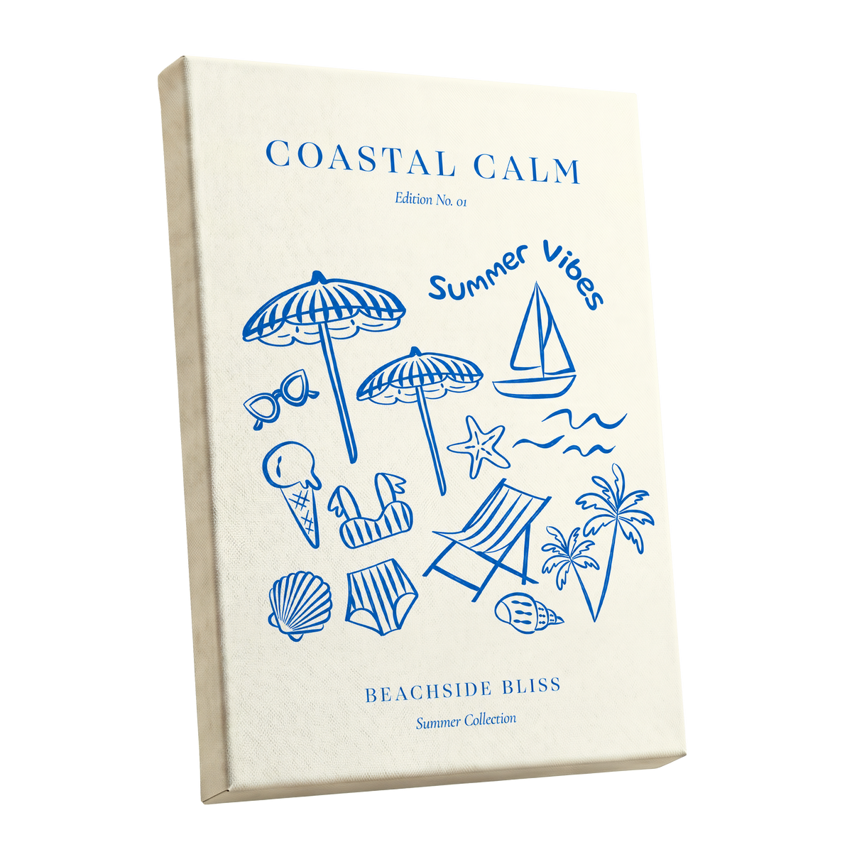 Coastal Daydream, blue, beige, white nature wall art shown as a stretched canvas wall art