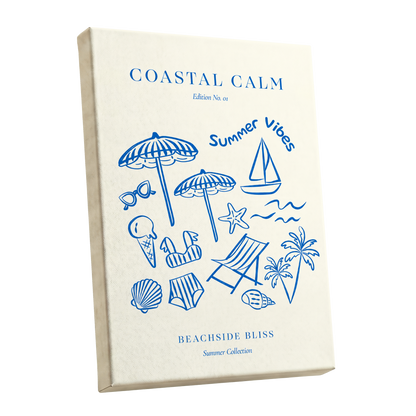 Coastal Daydream, blue, beige, white nature wall art shown as a stretched canvas wall art