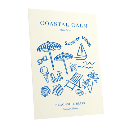 Coastal Daydream, blue, beige, white nature wall art shown as a unframed poster wall art print