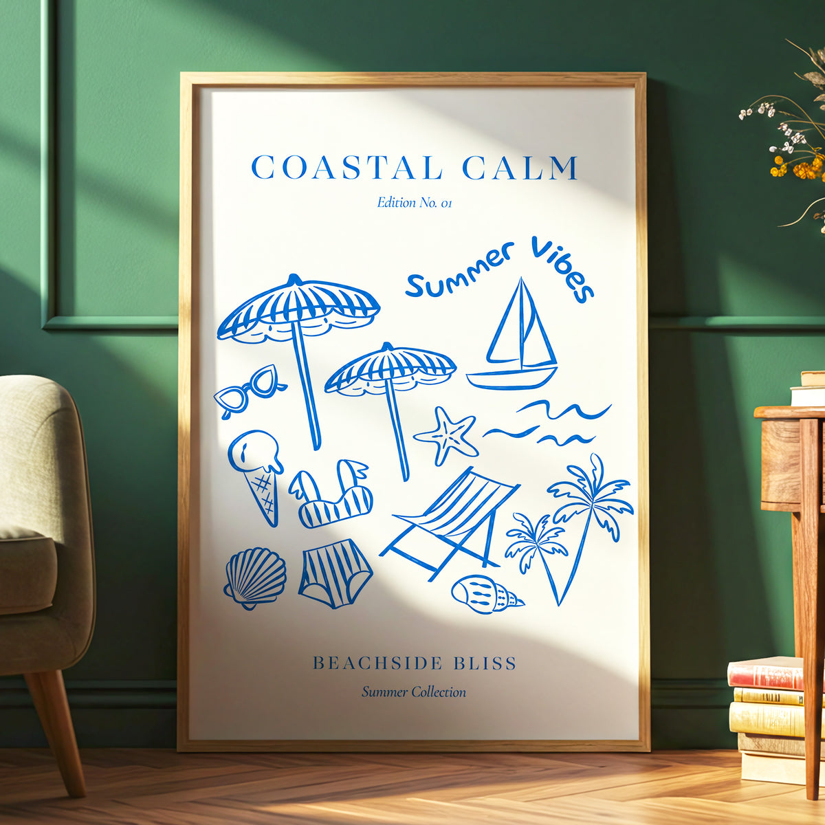Coastal Daydream, blue, beige, white nature wall art displayed in a styled interior, gallery view 2