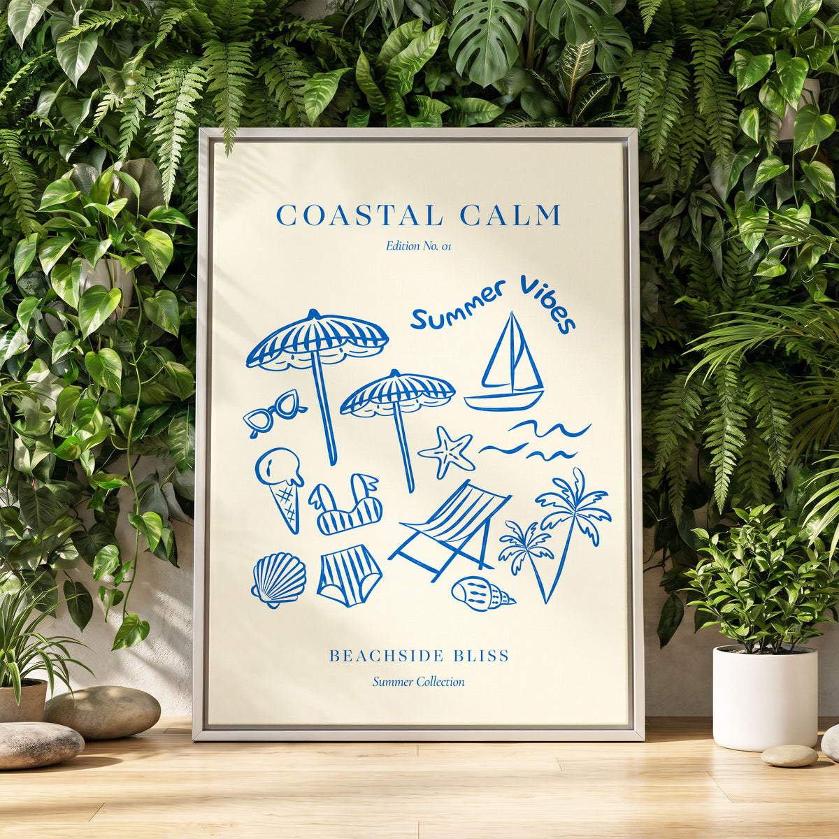 Coastal Daydream, blue, beige, white nature wall art displayed in a styled interior, gallery view 4