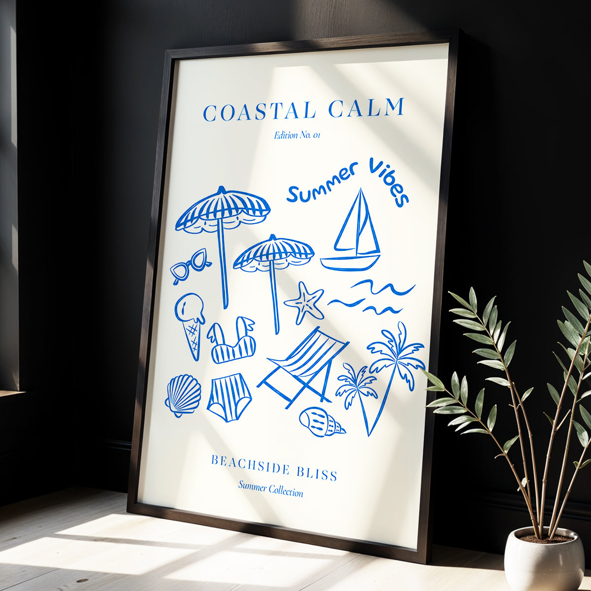 Coastal Daydream, blue, beige, white nature wall art displayed in a styled interior, gallery view 6