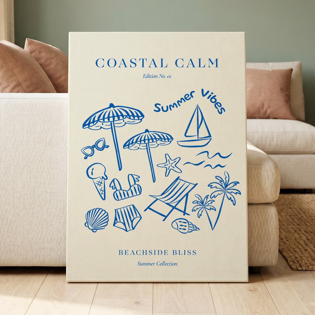 Coastal Daydream, blue, beige, white nature wall art displayed in a styled interior, gallery view 7