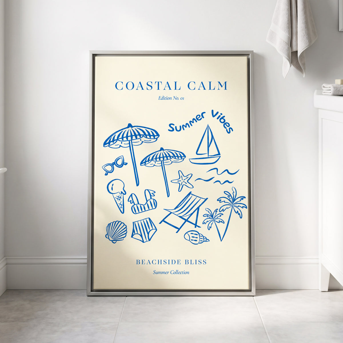 Coastal Daydream, blue, beige, white nature wall art displayed in a styled interior, gallery view 8