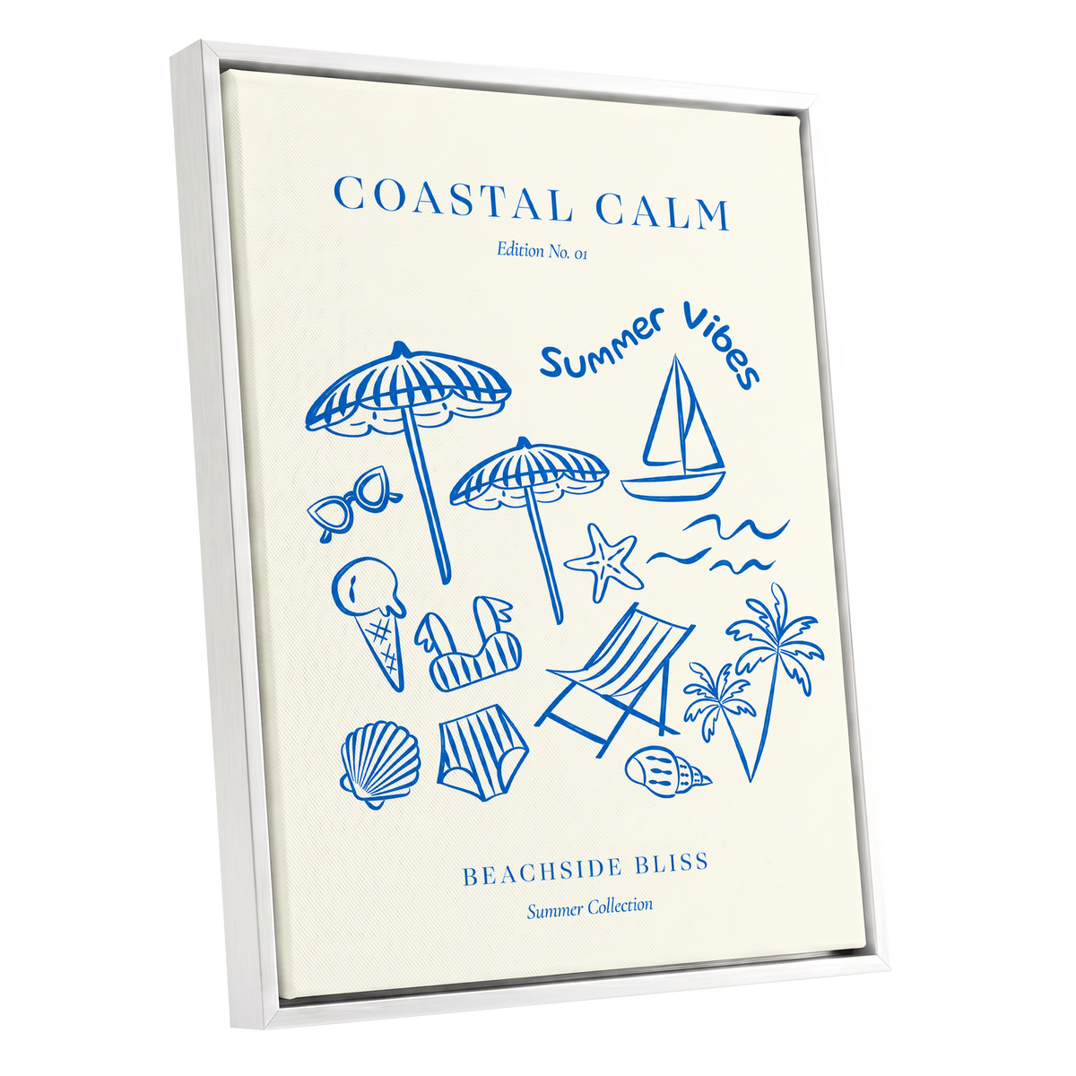 Coastal Daydream, blue, beige, white nature wall art shown as a white framed canvas wall art