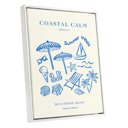 Coastal Daydream, blue, beige, white nature wall art shown as a white framed canvas wall art