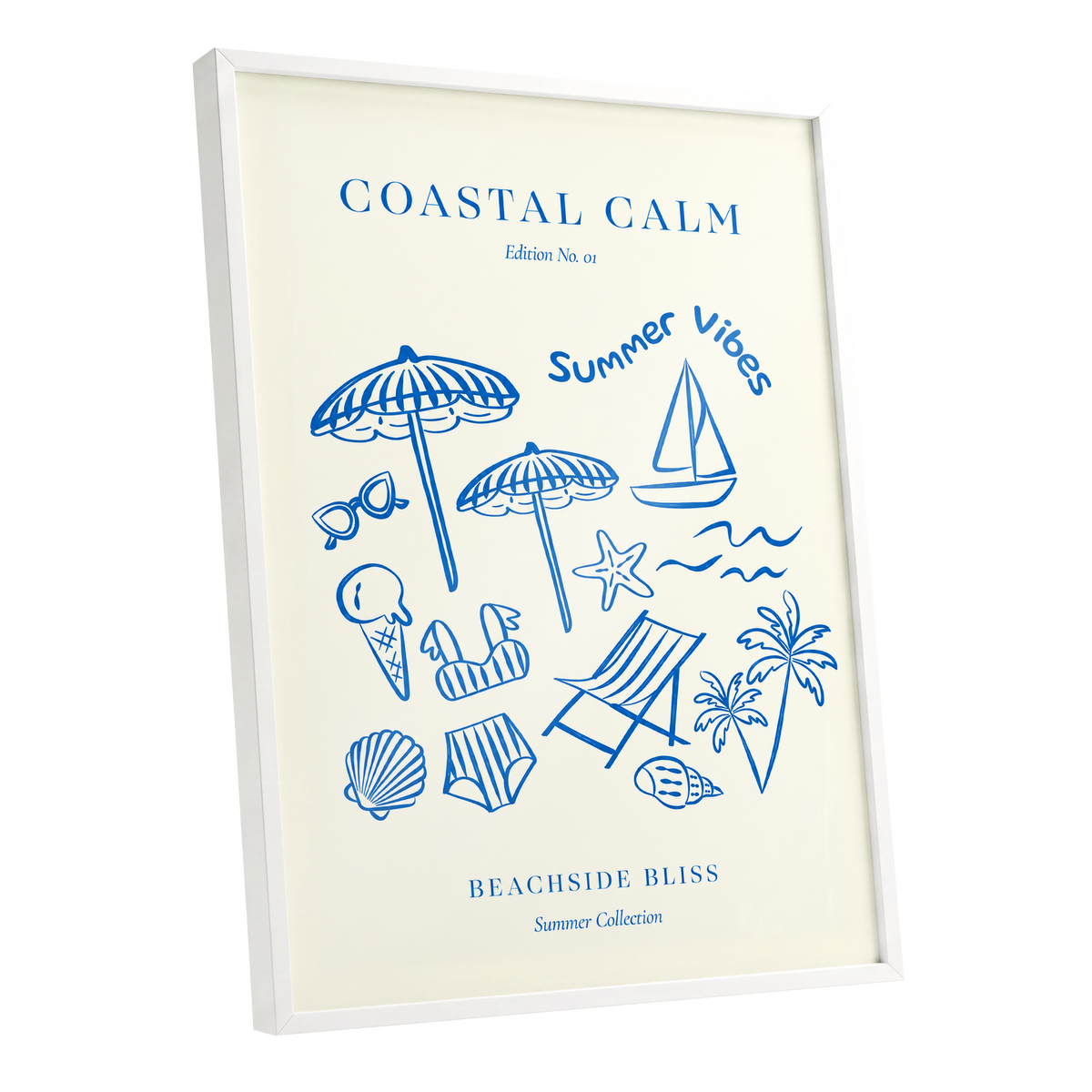 Coastal Daydream, blue, beige, white nature wall art shown as a white framed poster wall art print