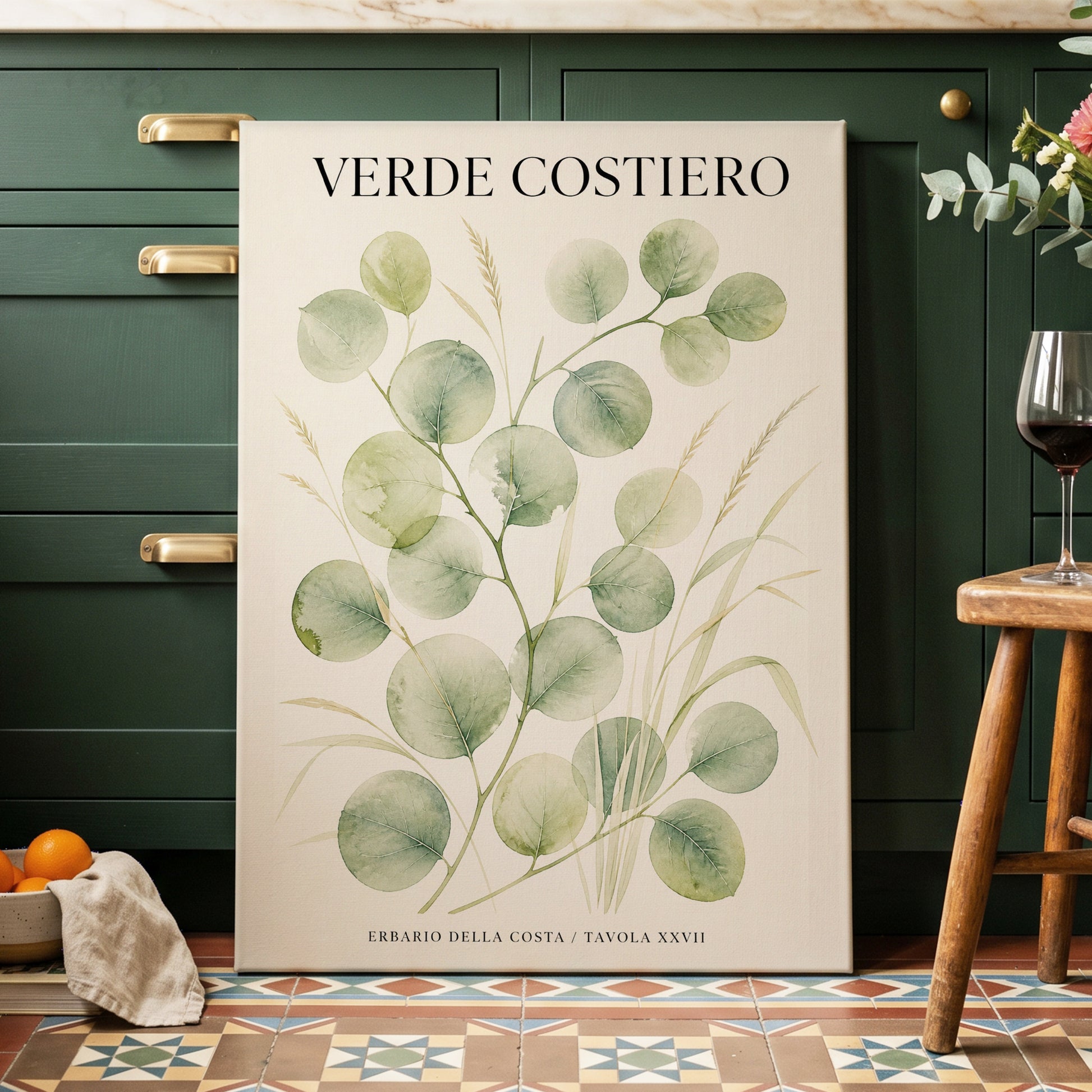Coastal Green Study, green, beige nature wall art on canvas displayed in a styled interior, gallery view 1