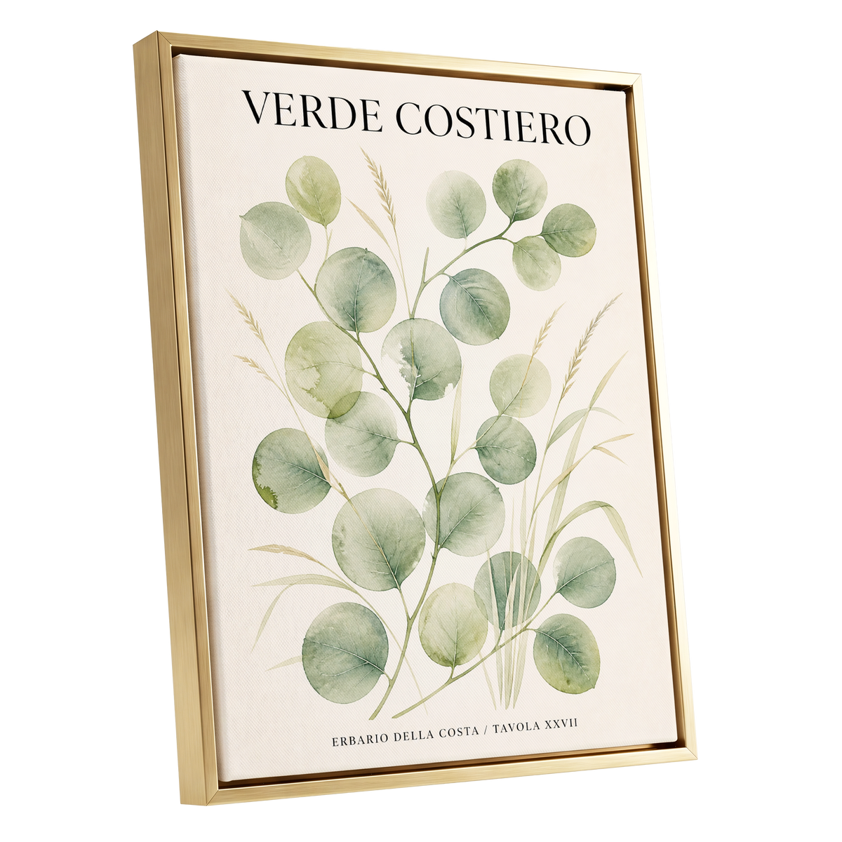 Coastal Green Study, green, beige nature wall art shown as a gold framed canvas wall art