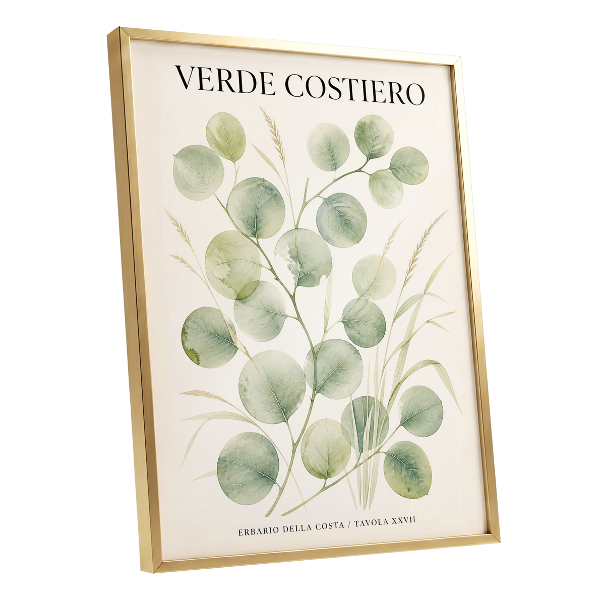 Coastal Green Study, green, beige nature wall art shown as a gold framed poster wall art print