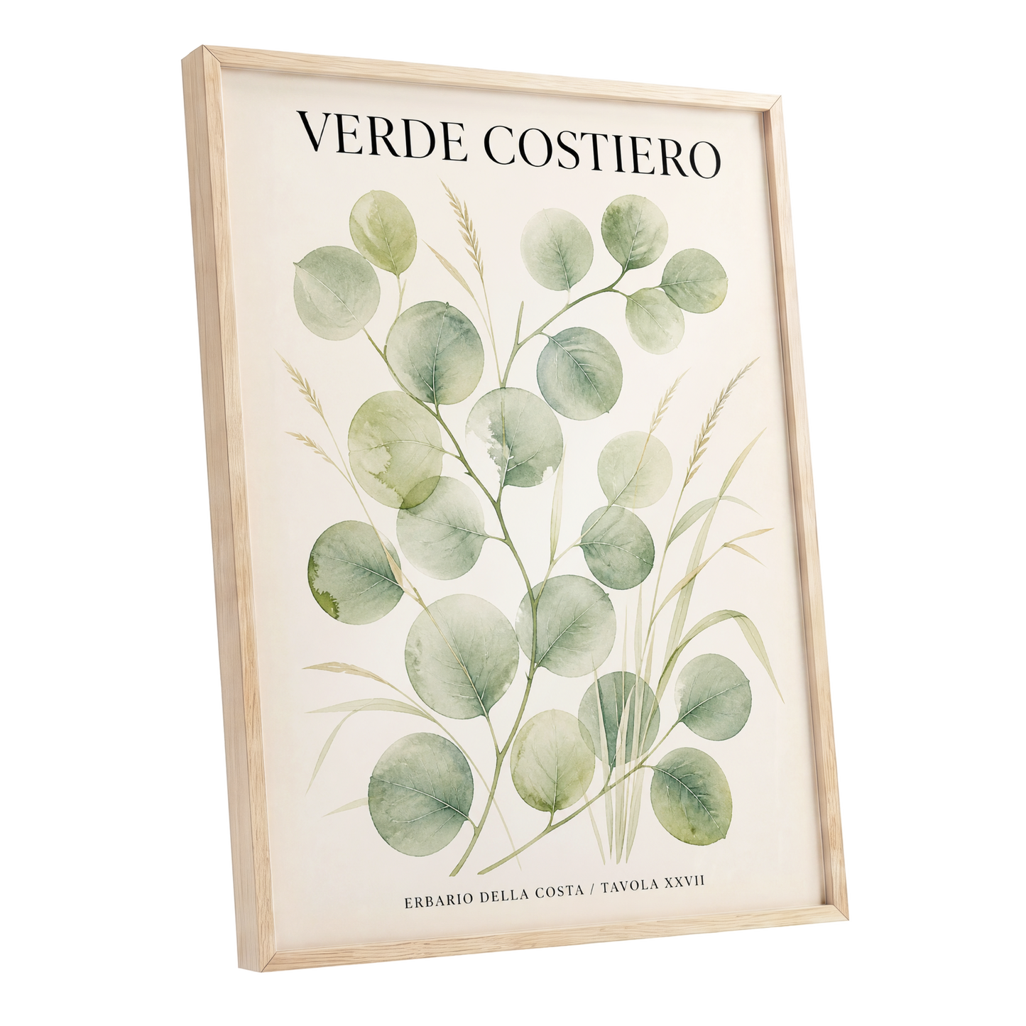 Coastal Green Study, green, beige nature wall art shown as a oak framed poster wall art print