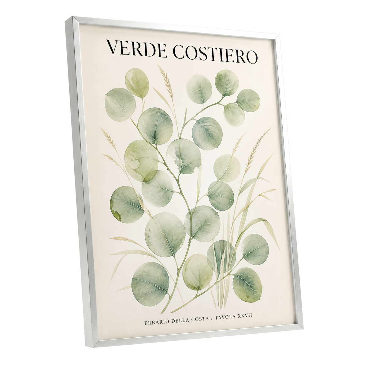 Coastal Green Study, green, beige nature wall art shown as a silver framed poster wall art print
