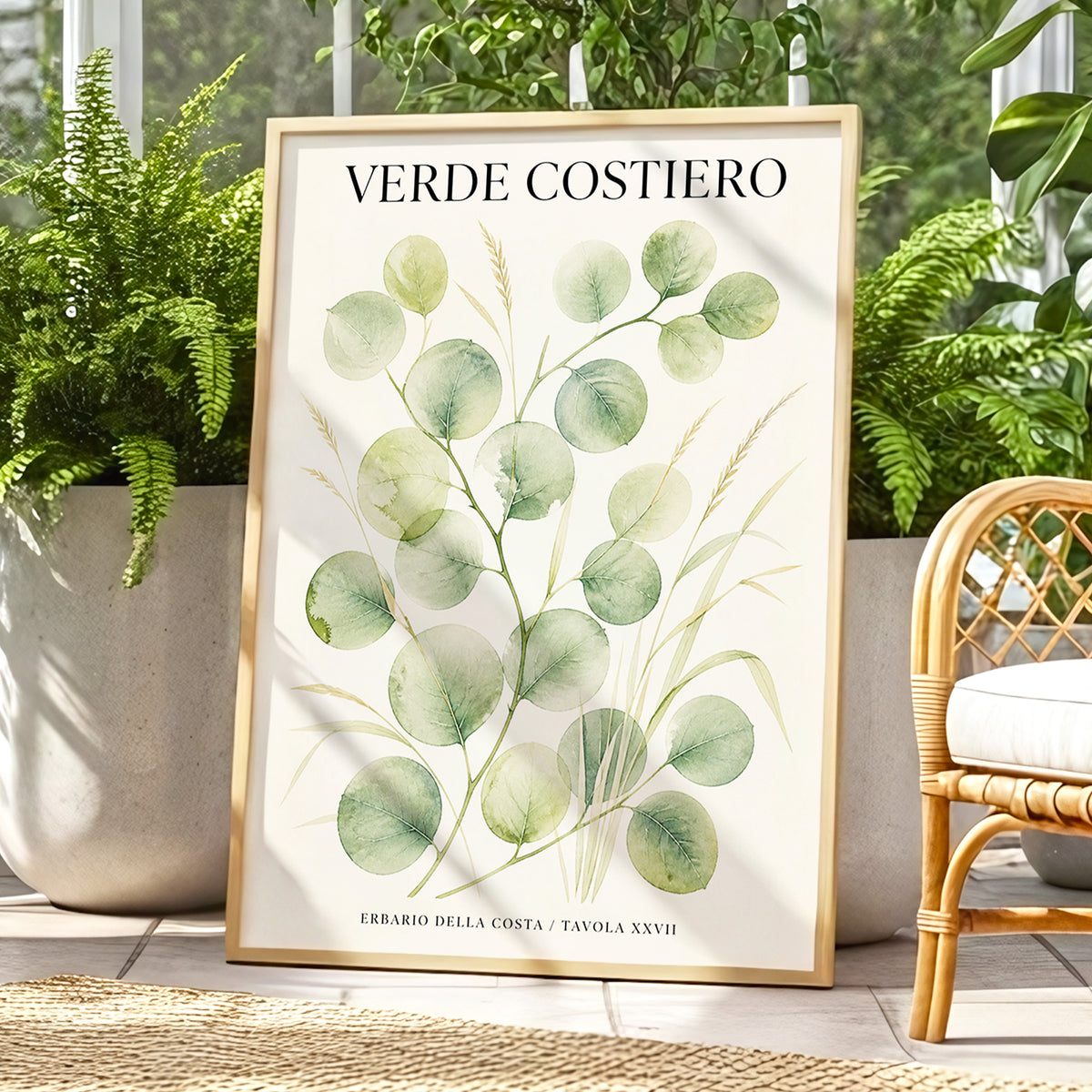 Coastal Green Study, green, beige nature wall art displayed in a styled interior, gallery view 1