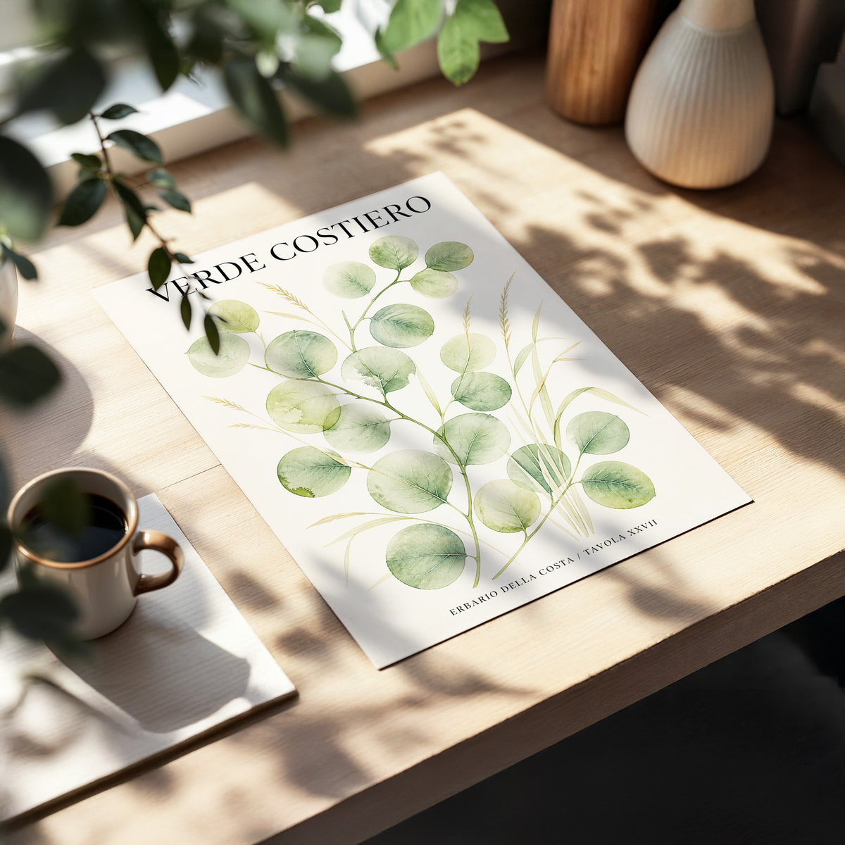 Coastal Green Study, green, beige nature wall art displayed in a styled interior, gallery view 3