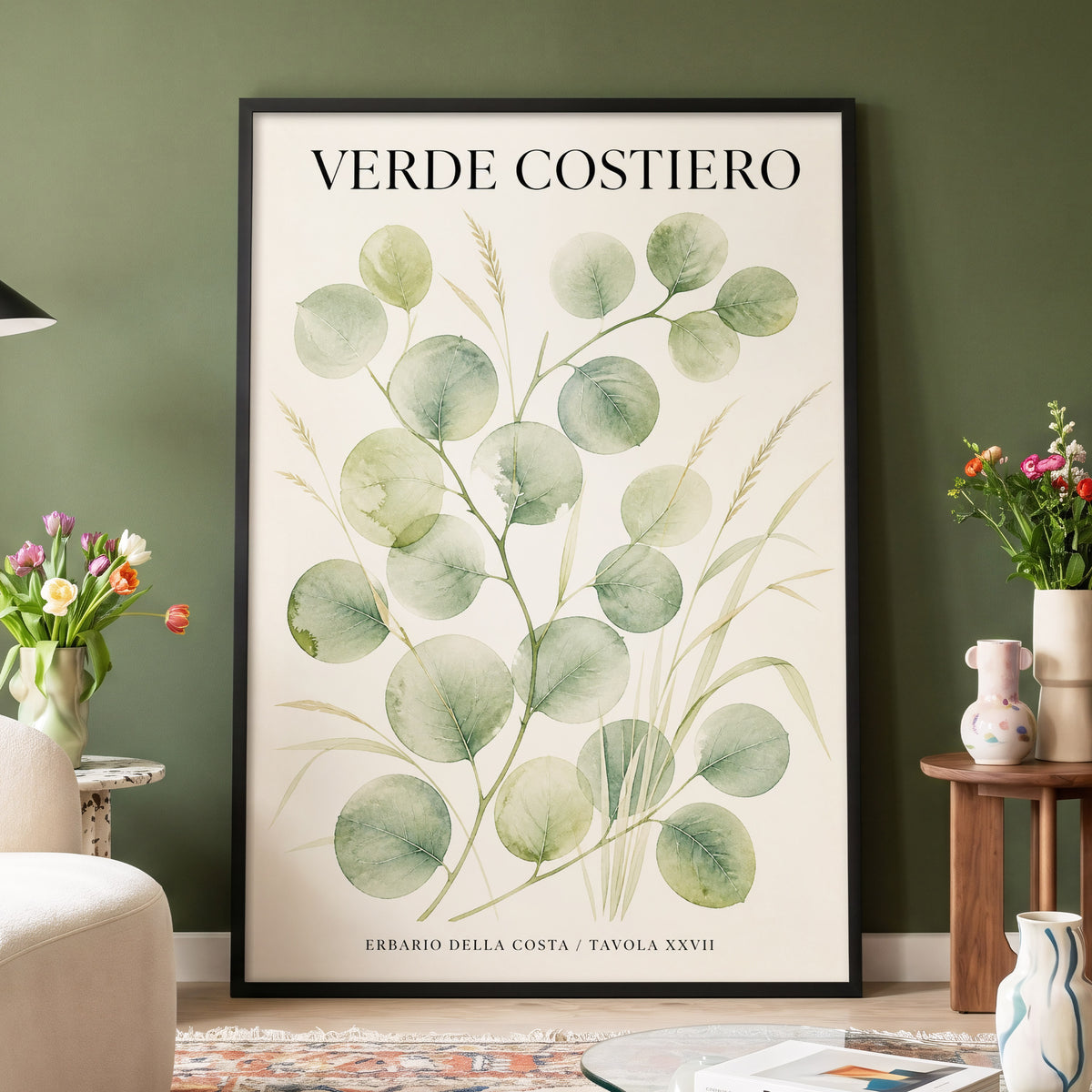 Coastal Green Study, green, beige nature wall art displayed in a styled interior, gallery view 4