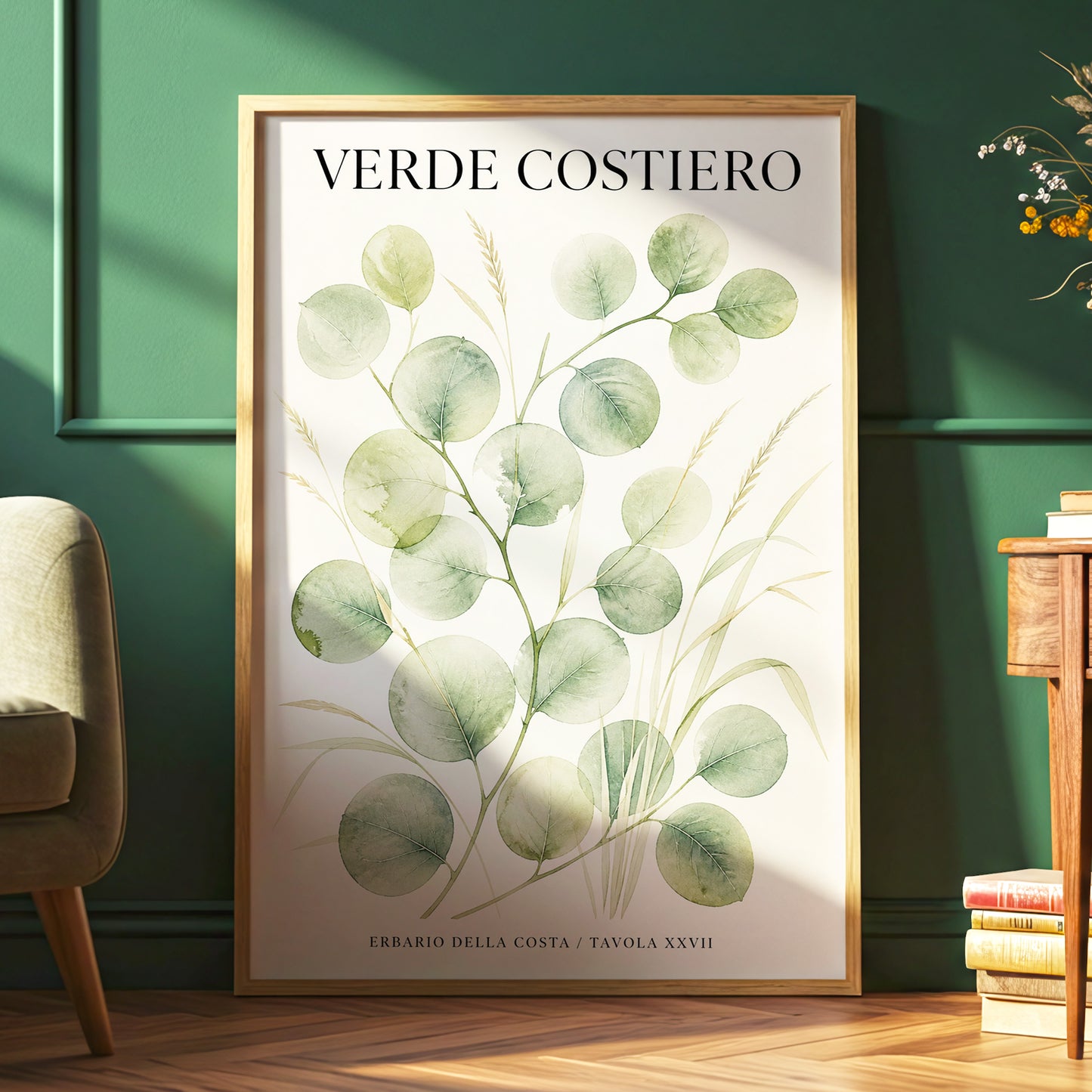 Coastal Green Study, green, beige nature wall art displayed in a styled interior, gallery view 6