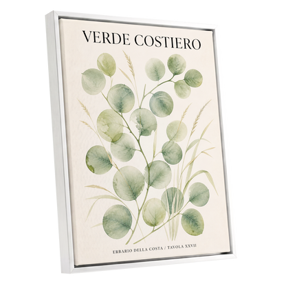 Coastal Green Study, green, beige nature wall art shown as a white framed canvas wall art