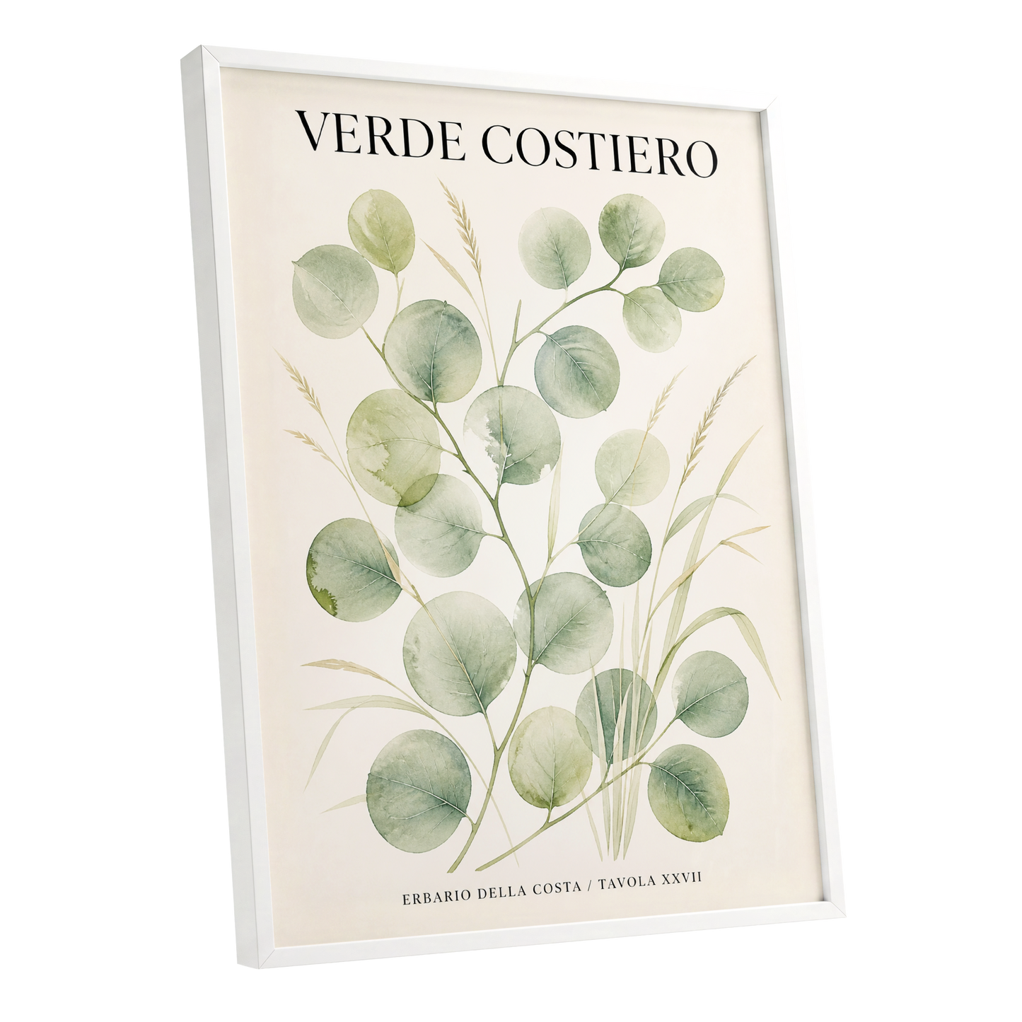 Coastal Green Study, green, beige nature wall art shown as a white framed poster wall art print