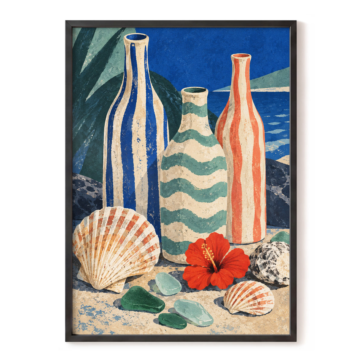 Coastal Vessel Trio, blue, beige, green abstract wall art, front artwork view