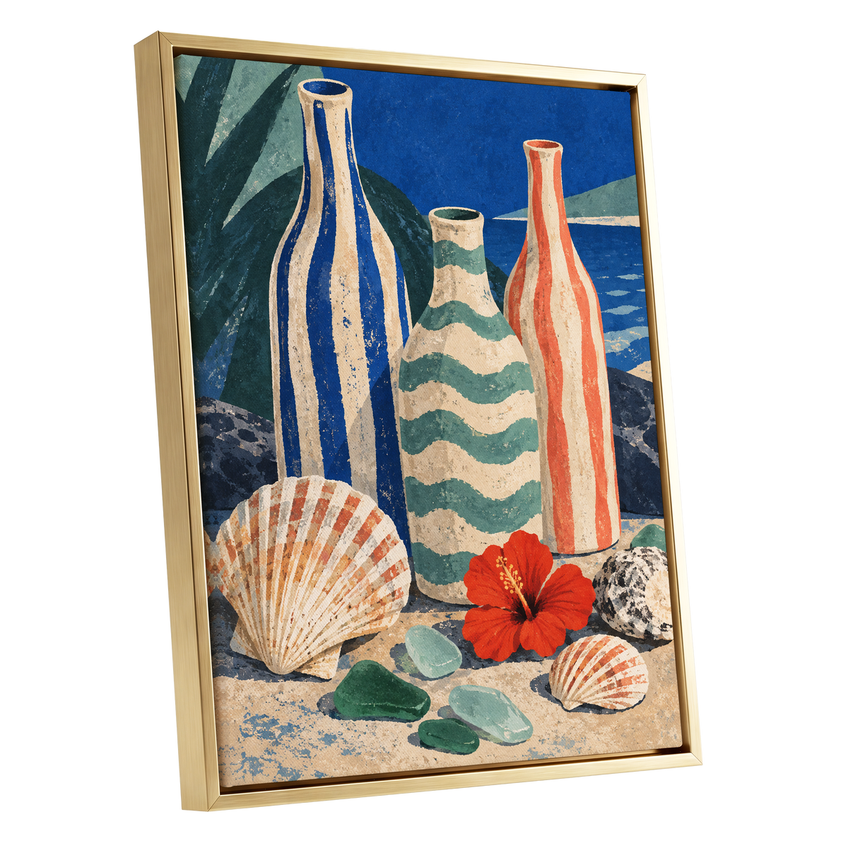 Coastal Vessel Trio, blue, beige, green abstract wall art shown as a gold framed canvas wall art