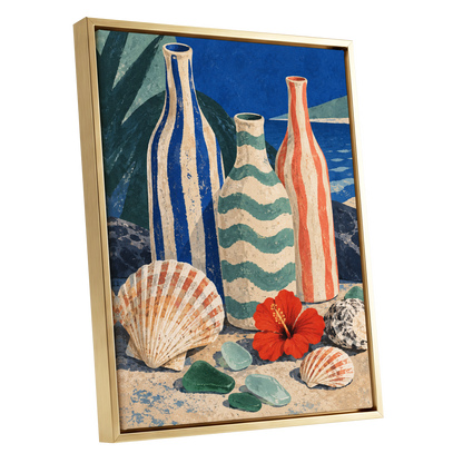 Coastal Vessel Trio, blue, beige, green abstract wall art shown as a gold framed canvas wall art