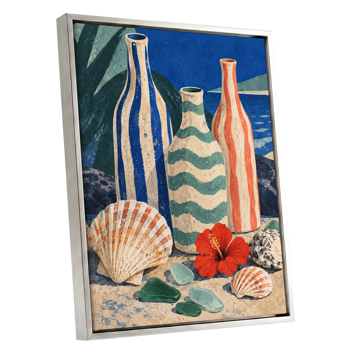 Coastal Vessel Trio, blue, beige, green abstract wall art shown as a silver framed canvas wall art