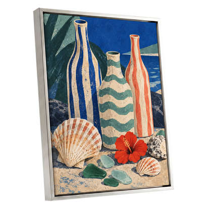 Coastal Vessel Trio, blue, beige, green abstract wall art shown as a silver framed canvas wall art