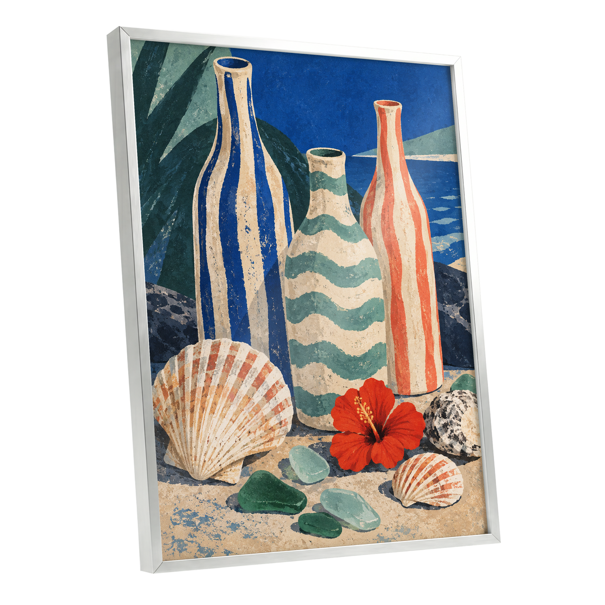 Coastal Vessel Trio, blue, beige, green abstract wall art shown as a silver framed poster wall art print