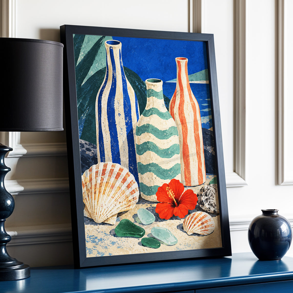 Coastal Vessel Trio, blue, beige, green abstract wall art displayed in a styled interior, gallery view 2