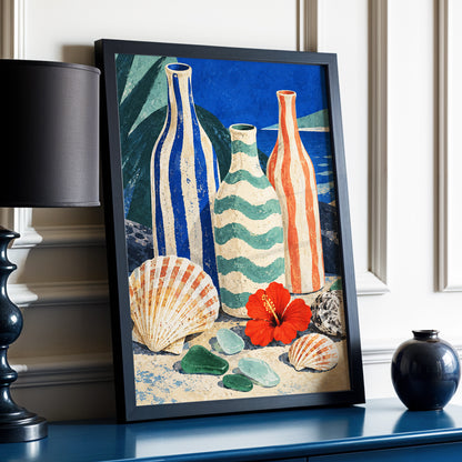 Coastal Vessel Trio, blue, beige, green abstract wall art displayed in a styled interior, gallery view 2