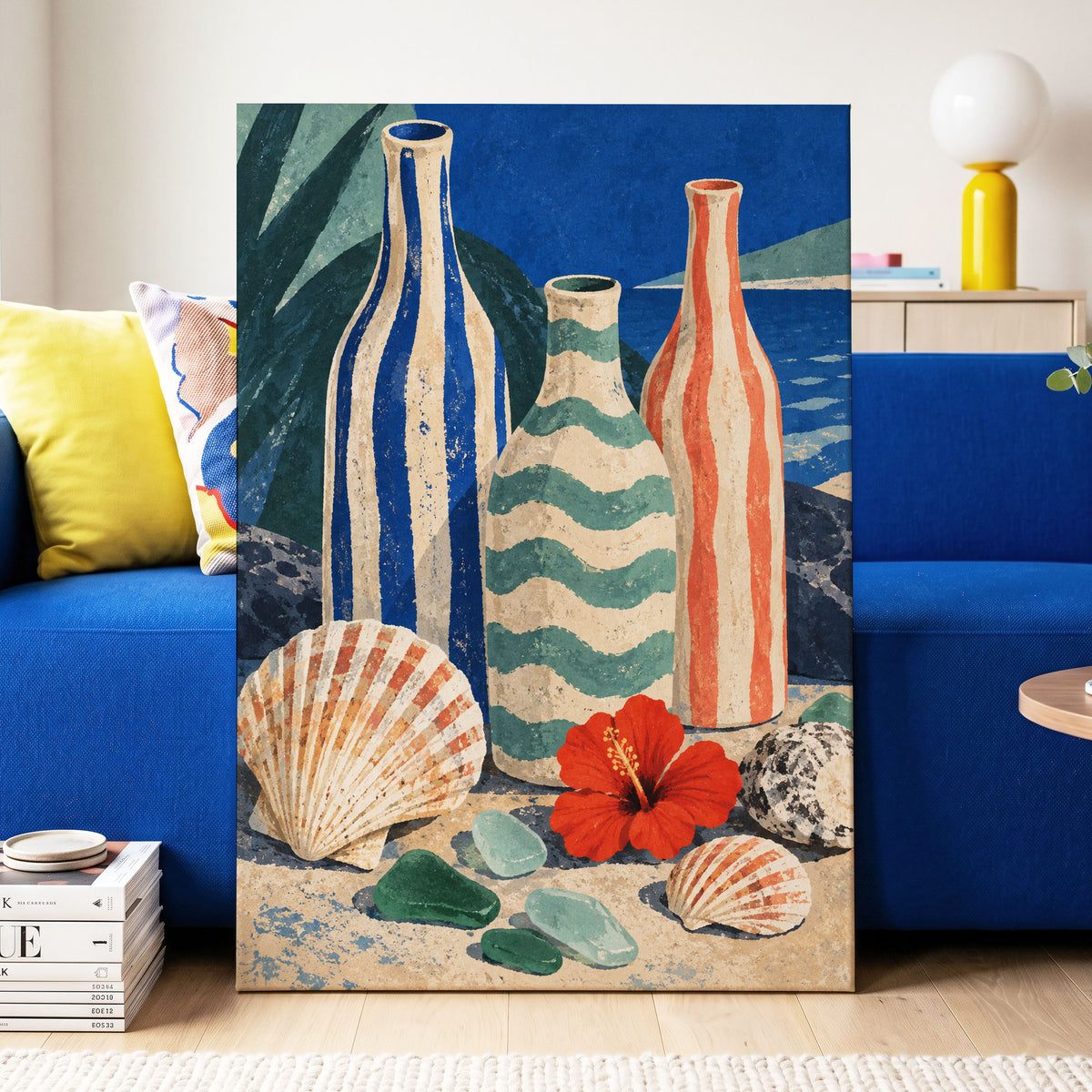 Coastal Vessel Trio, blue, beige, green abstract wall art displayed in a styled interior, gallery view 3