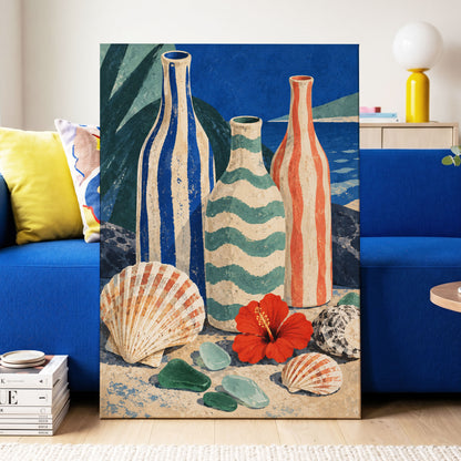 Coastal Vessel Trio, blue, beige, green abstract wall art displayed in a styled interior, gallery view 3