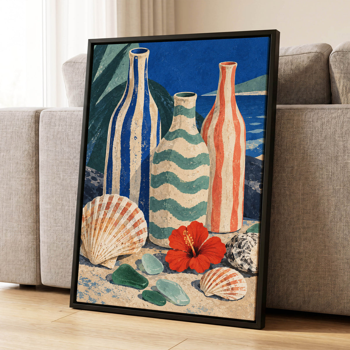 Coastal Vessel Trio, blue, beige, green abstract wall art displayed in a styled interior, gallery view 4