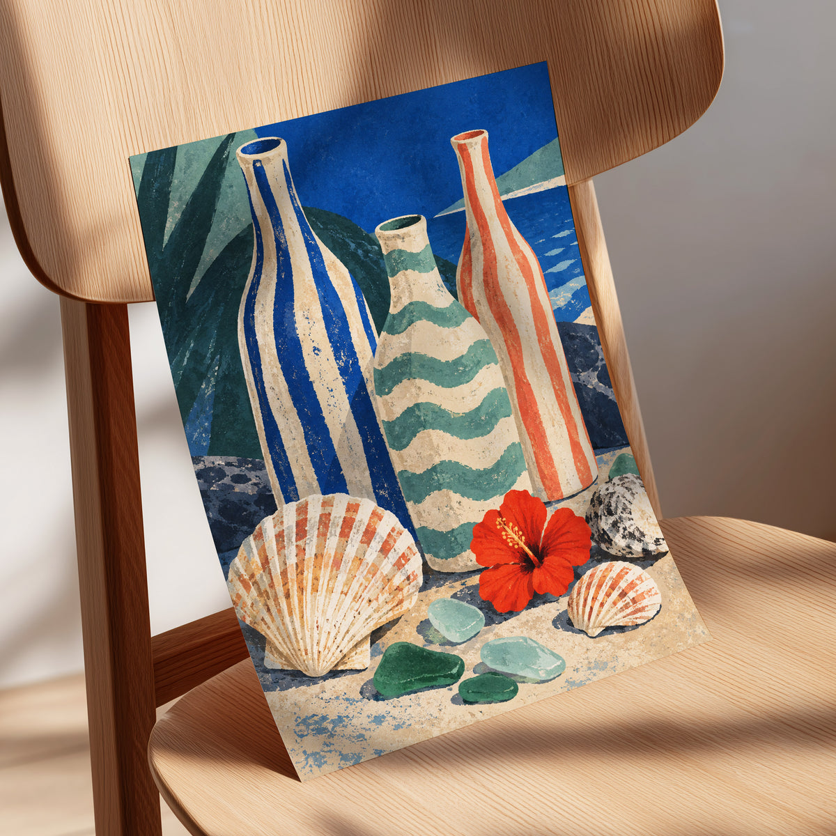 Coastal Vessel Trio, blue, beige, green abstract wall art displayed in a styled interior, gallery view 5