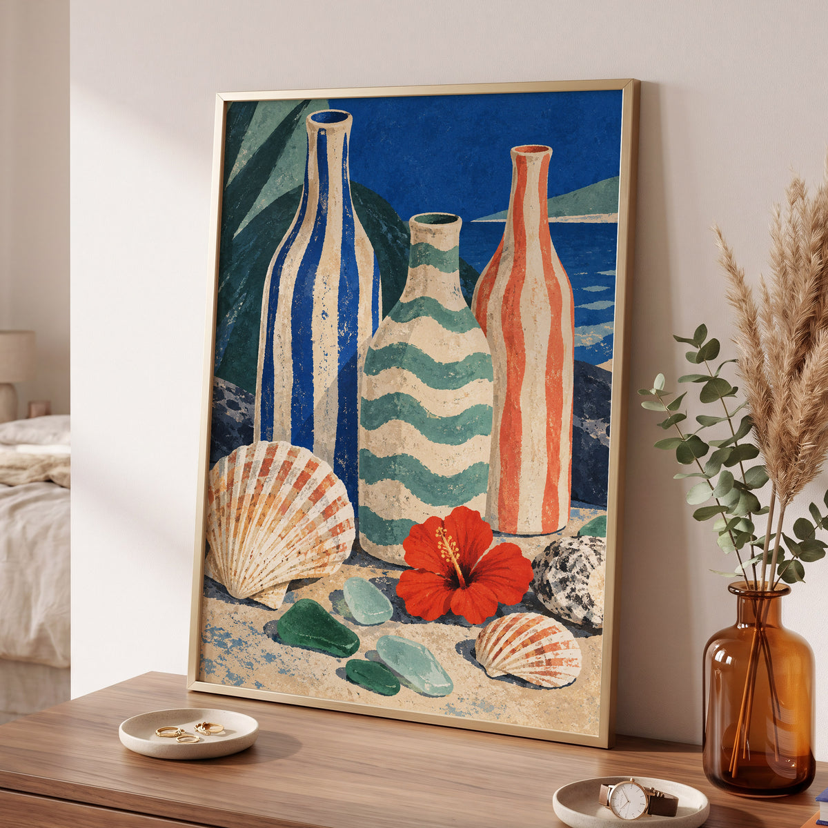 Coastal Vessel Trio, blue, beige, green abstract wall art displayed in a styled interior, gallery view 6
