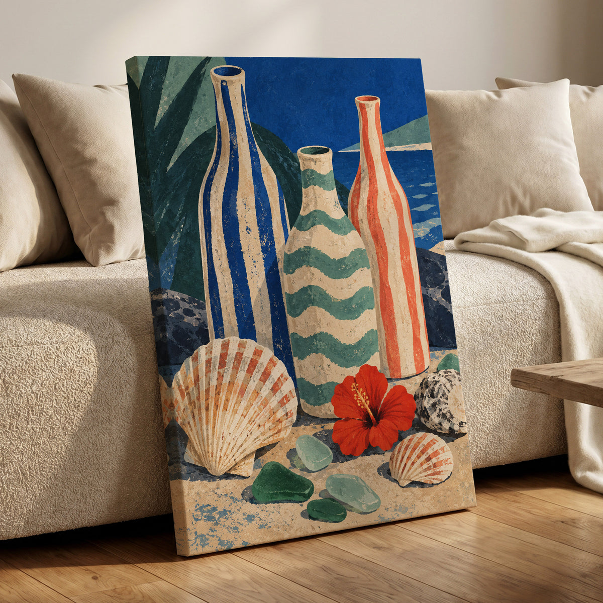 Coastal Vessel Trio, blue, beige, green abstract wall art displayed in a styled interior, gallery view 7