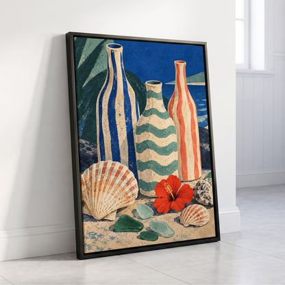 Coastal Vessel Trio, blue, beige, green abstract wall art displayed in a styled interior, gallery view 8