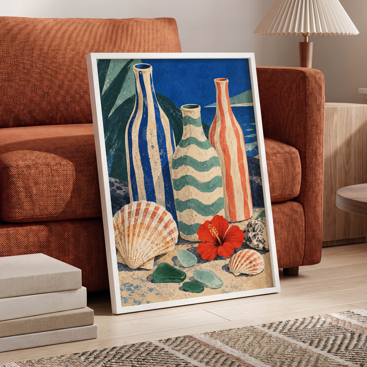 Coastal Vessel Trio, blue, beige, green abstract wall art displayed in a styled interior, gallery view 9