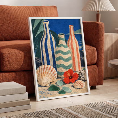 Coastal Vessel Trio, blue, beige, green abstract wall art displayed in a styled interior, gallery view 9