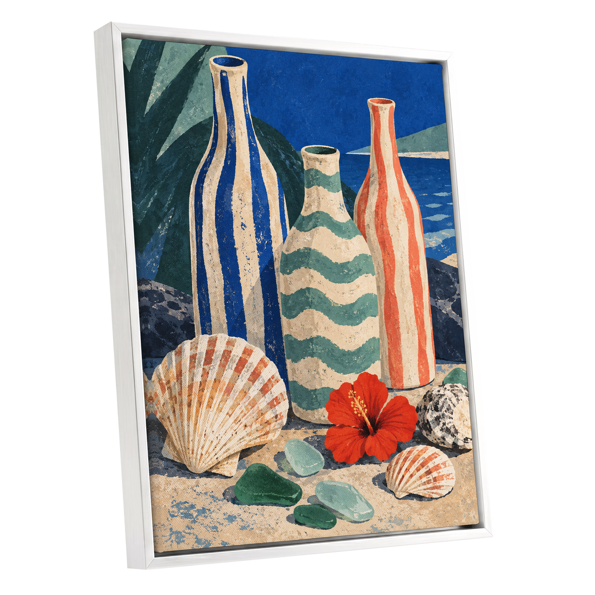 Coastal Vessel Trio, blue, beige, green abstract wall art shown as a white framed canvas wall art