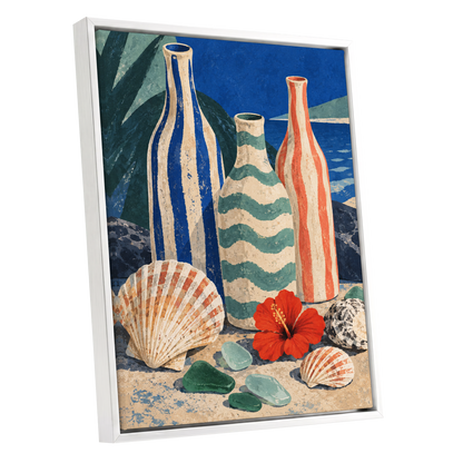 Coastal Vessel Trio, blue, beige, green abstract wall art shown as a white framed canvas wall art