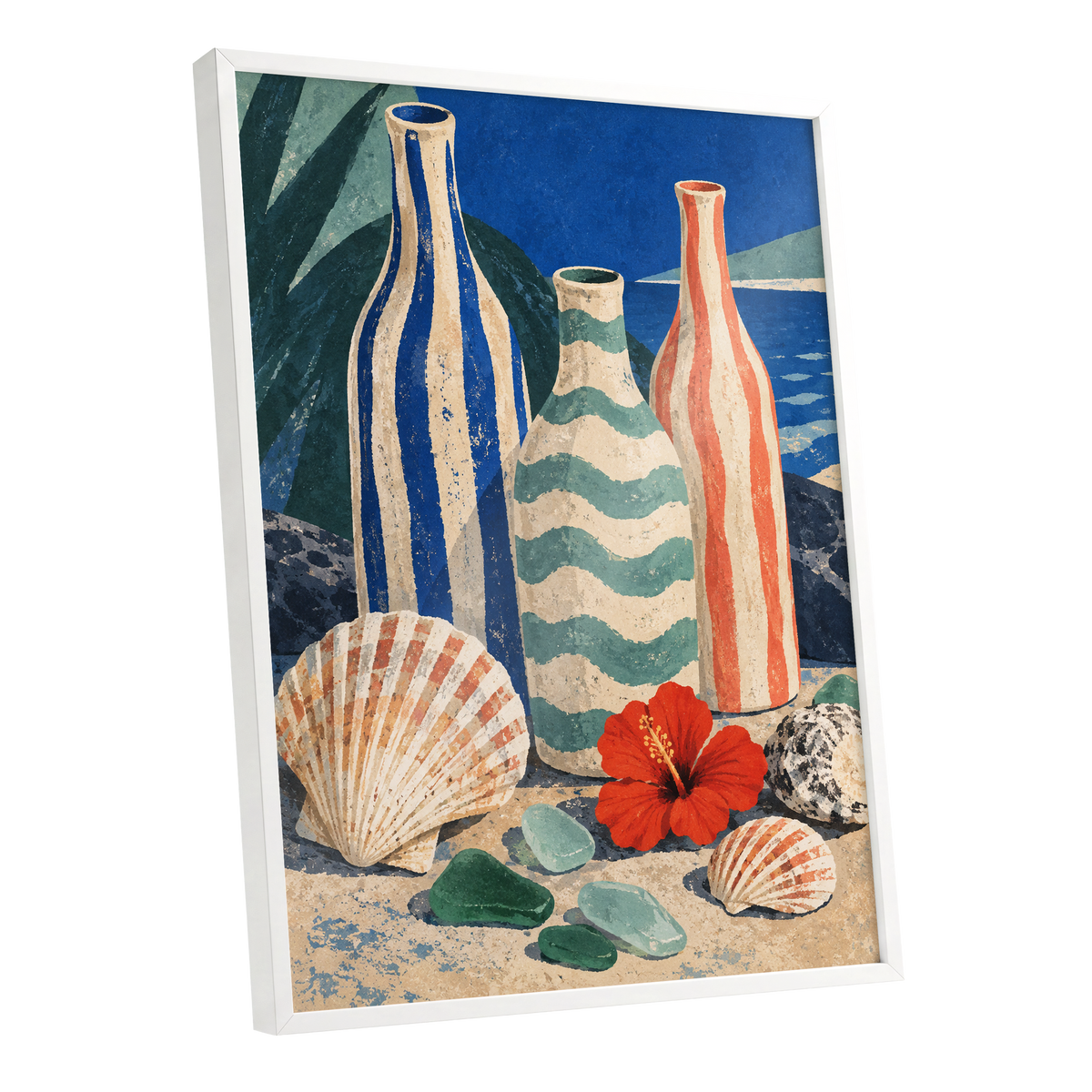 Coastal Vessel Trio, blue, beige, green abstract wall art shown as a white framed poster wall art print