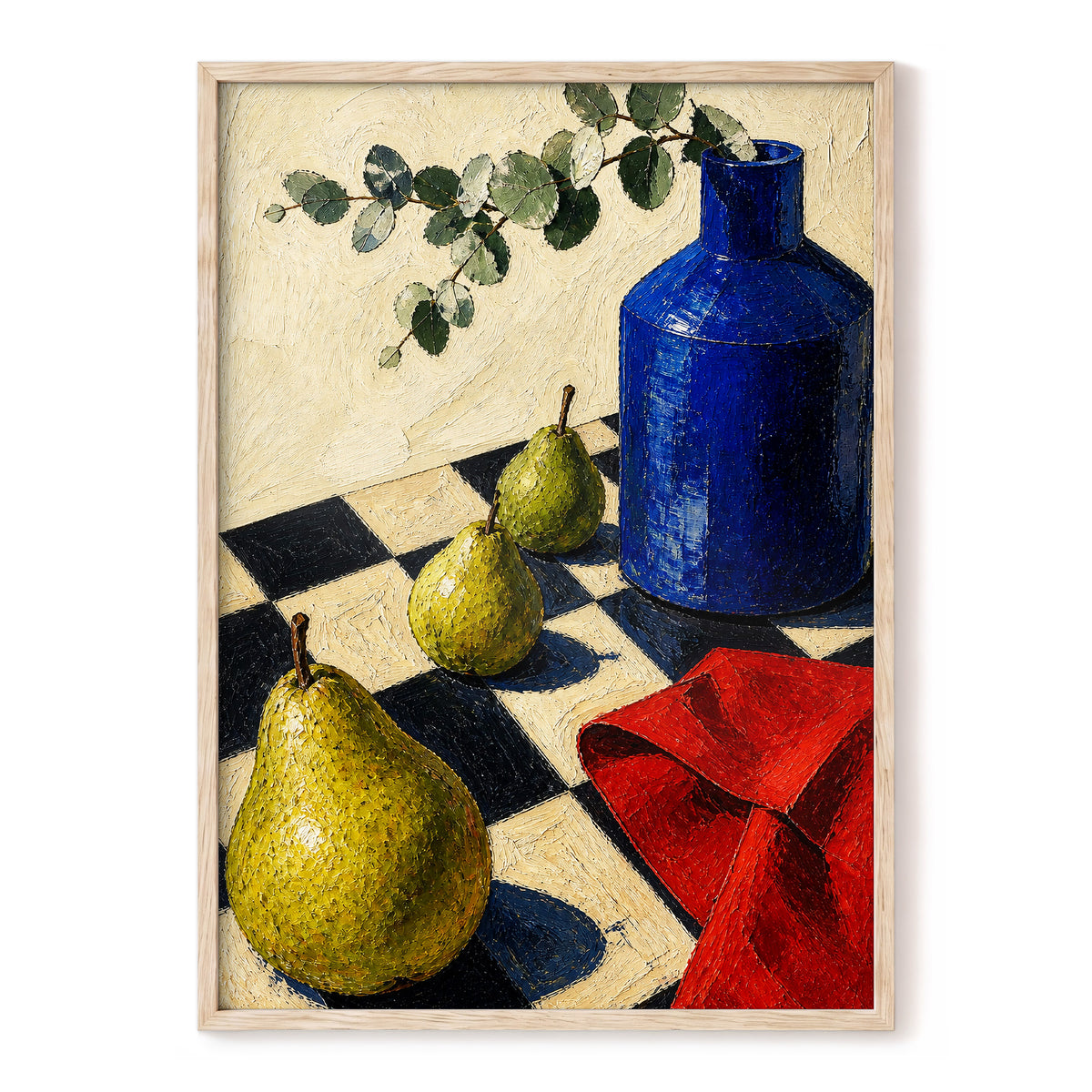 Cobalt and Chequered Pears, blue, green, beige abstract wall art, front artwork view