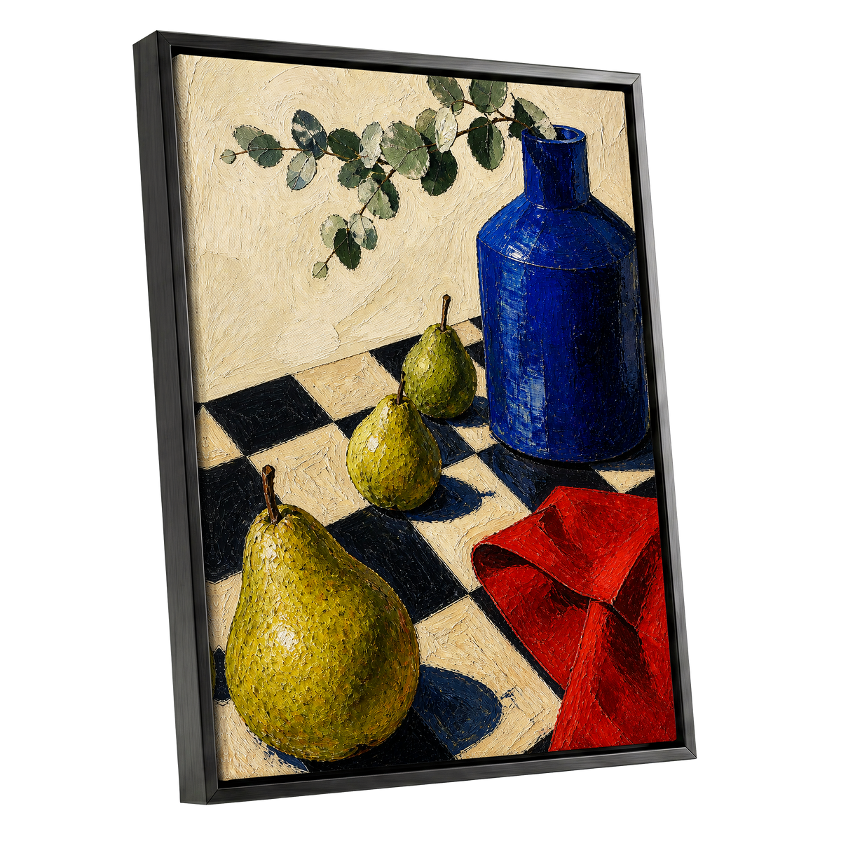 Cobalt and Chequered Pears, blue, green, beige abstract wall art shown as a black framed canvas wall art
