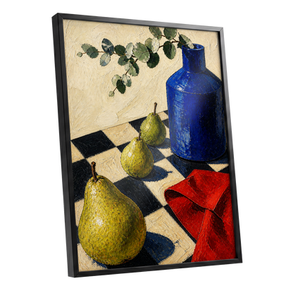 Cobalt and Chequered Pears, blue, green, beige abstract wall art shown as a black framed poster wall art print