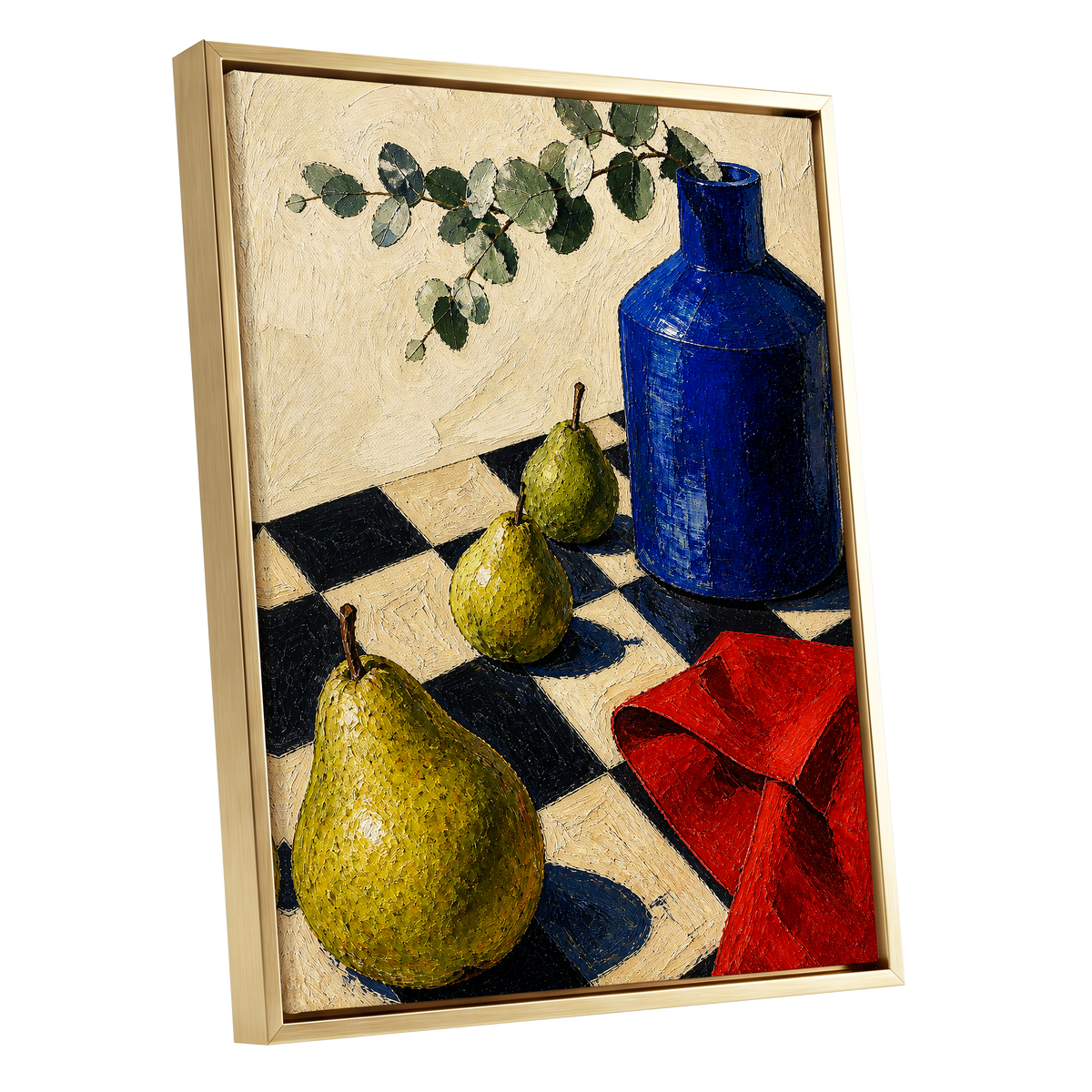 Cobalt and Chequered Pears, blue, green, beige abstract wall art shown as a gold framed canvas wall art